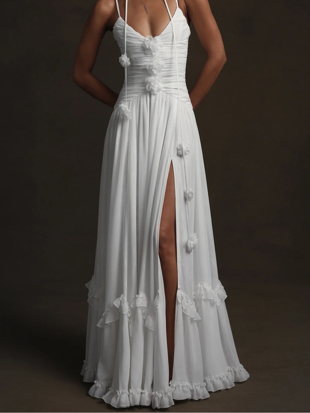 V. Chapman Persephone White Strappy Maxi Dress with Floral Details